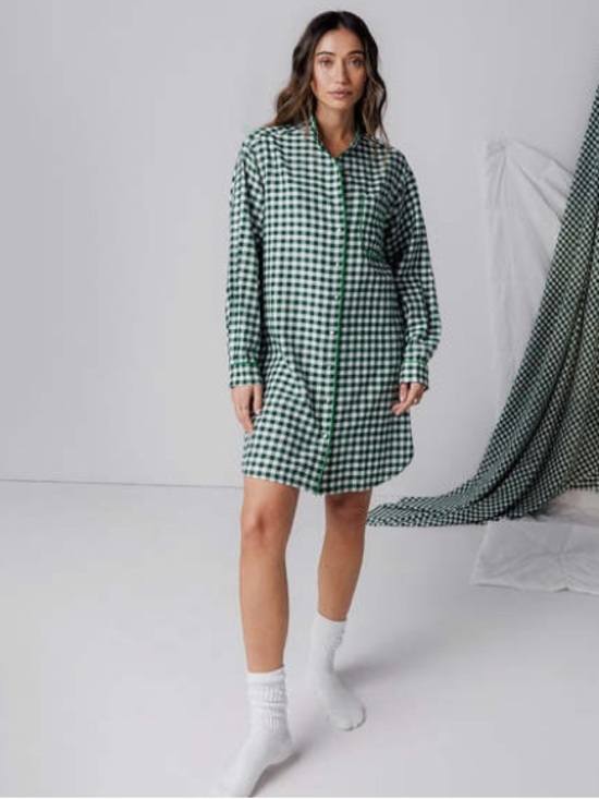 lunya Dresses & Skirts - Lunya Brushed Flannel Button Up Shirt Dress Large Verdant Check Green Long Sleev